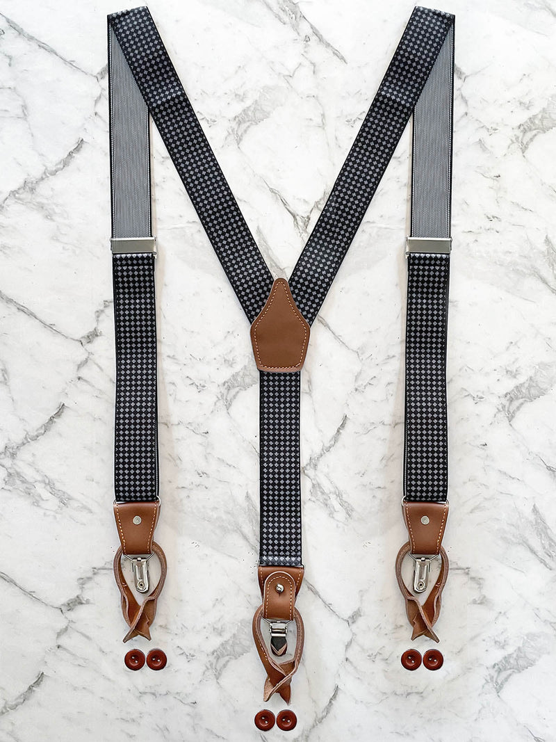 Black Diamond Leather Trim Clip/Button Convertible Suspenders