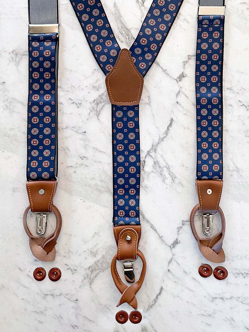 Navy Red Circle Pattern Leather Trim Clip/Button Convertible Suspenders
