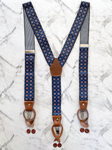 Navy Red Circle Pattern Leather Trim Clip/Button Convertible Suspenders