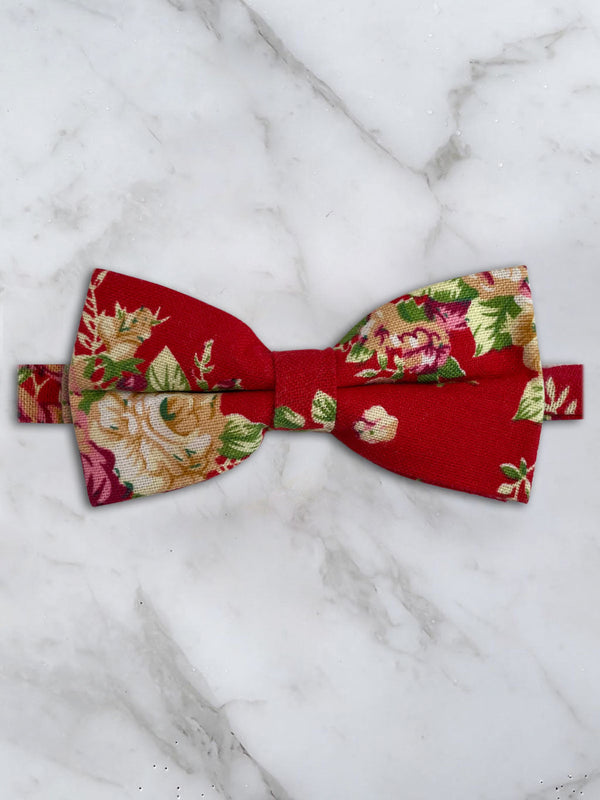 Red Linen Floral Bow Tie