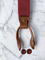 Red Leather Trim Suspenders, Wooden Bowtie & Cufflinks Set