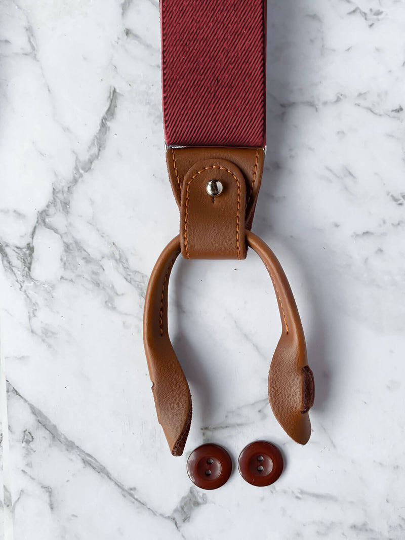 Red Leather Trim Suspenders, Wooden Bowtie & Cufflinks Set