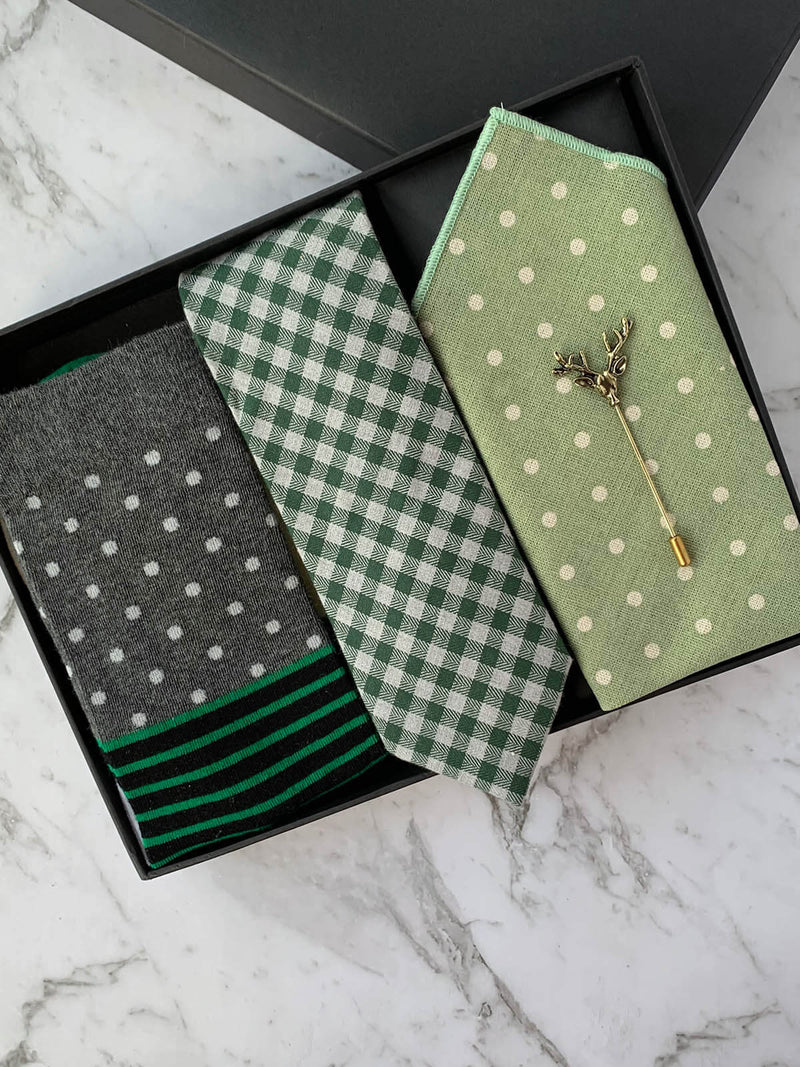 Green Cotton Tie and Pocket Square Matching Set Gift Box | Bowtie & Arrow Australia