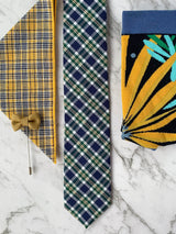 Checked Yellow and Navy Pocket Square, Cotton Tie, Socks, Lapel Pin Mens Flatlay | Bowtie & Arrow Australia