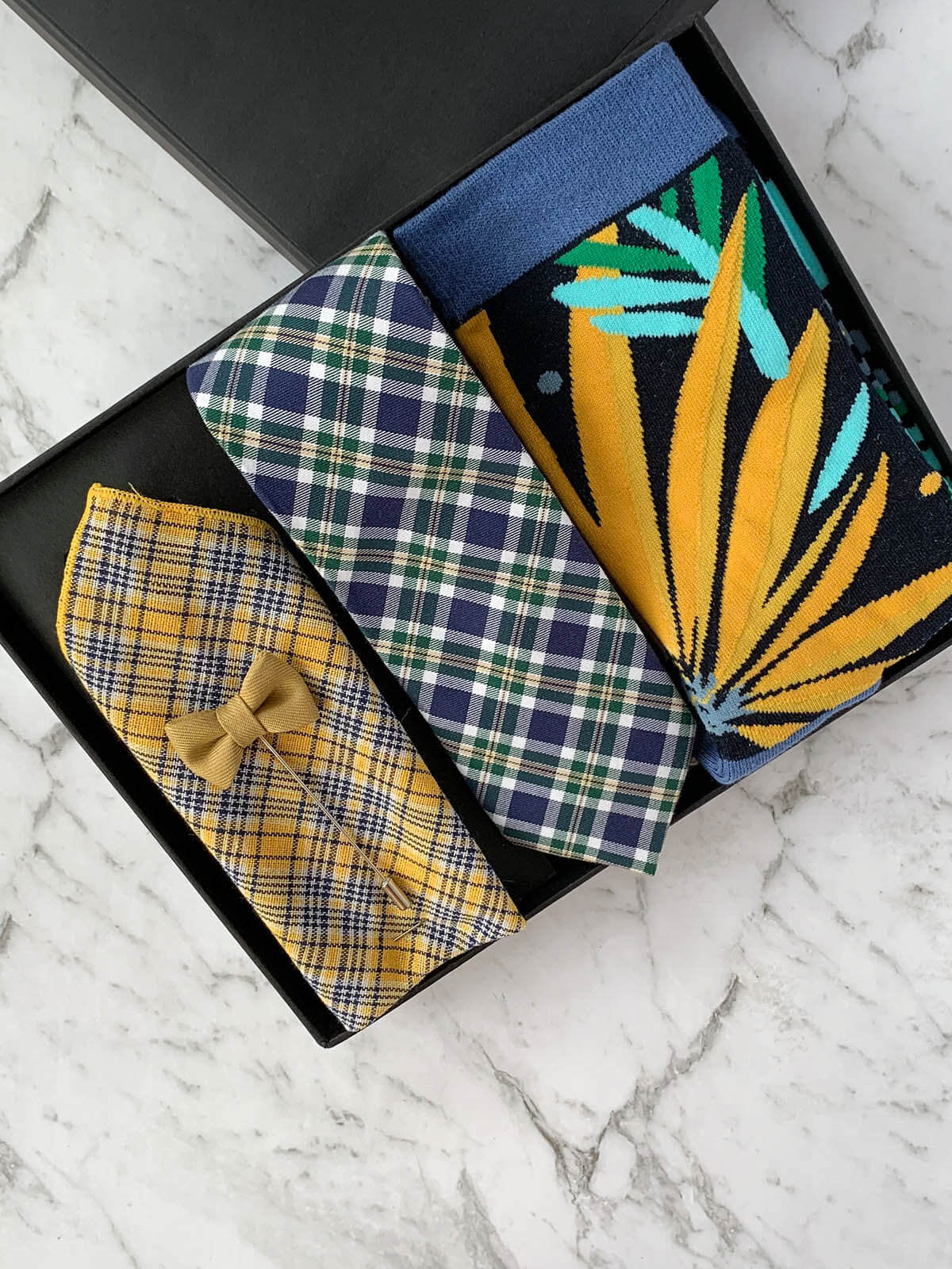 Yellow and Navy Checked Mens Cotton Tie Gift Box Set | Bowtie & Arrow Australia