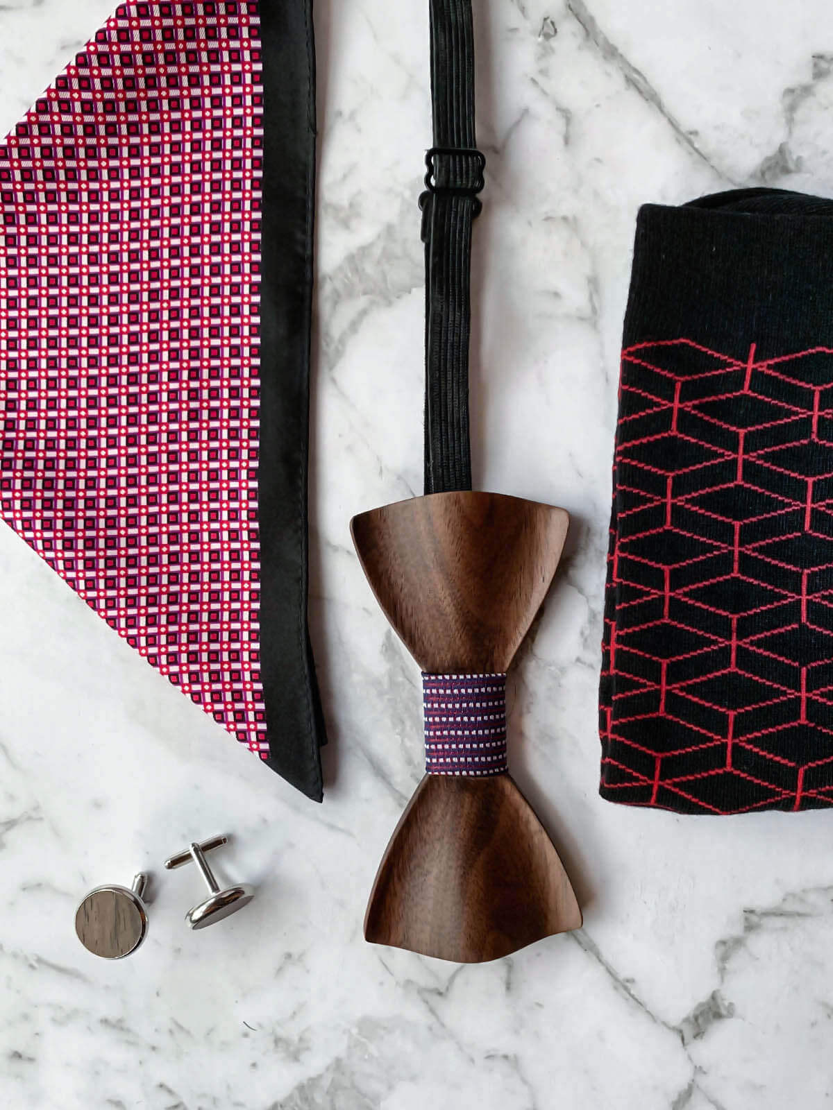Mens Dark Wood Bowtie Flatlay with Black, Red, Purple Silk Pocket Square, Socks, Cufflinks | Bowtie & Arrow Australia