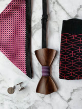 Mens Dark Wood Bowtie Flatlay with Black, Red, Purple Silk Pocket Square, Socks, Cufflinks | Bowtie & Arrow Australia