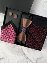 Mens Dark Wood Red Purple Black Bowtie Set with Pocket Square, Cufflinks, Socks | Bowtie & Arrow Australia