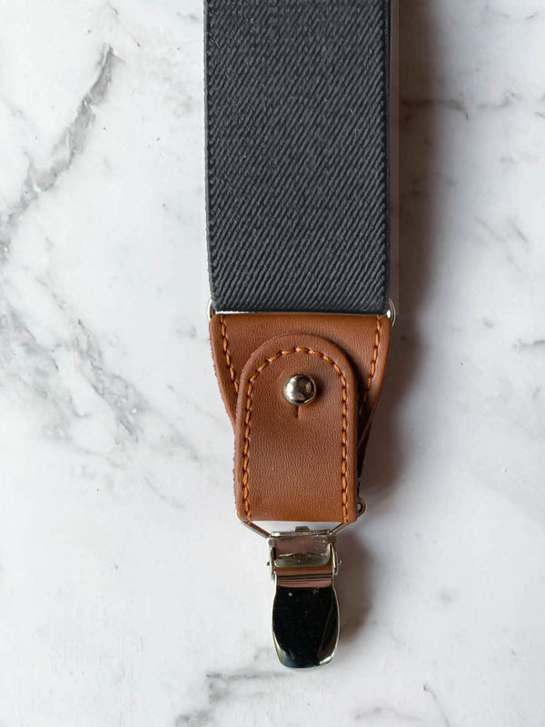 Gunmetal Grey Leather Trim Clip/Button Convertible Suspenders