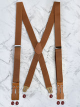 Tan Leather Trim X-Back Button Suspenders
