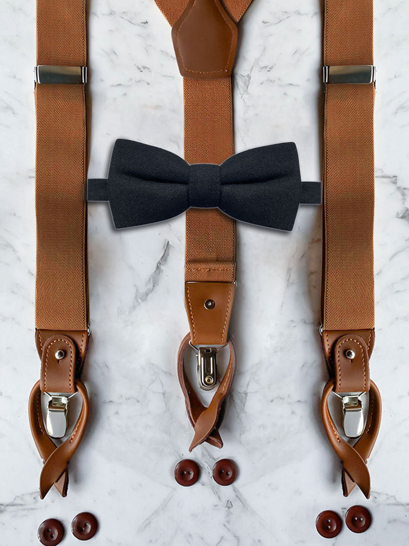 Tan Leather Trim Suspenders & Woollen Bow Tie Set