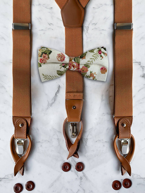 Tan Leather Trim Suspenders & Linen/Cotton Floral Bow Tie Set