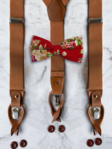 Tan Leather Trim Suspenders & Linen/Cotton Floral Bow Tie Set