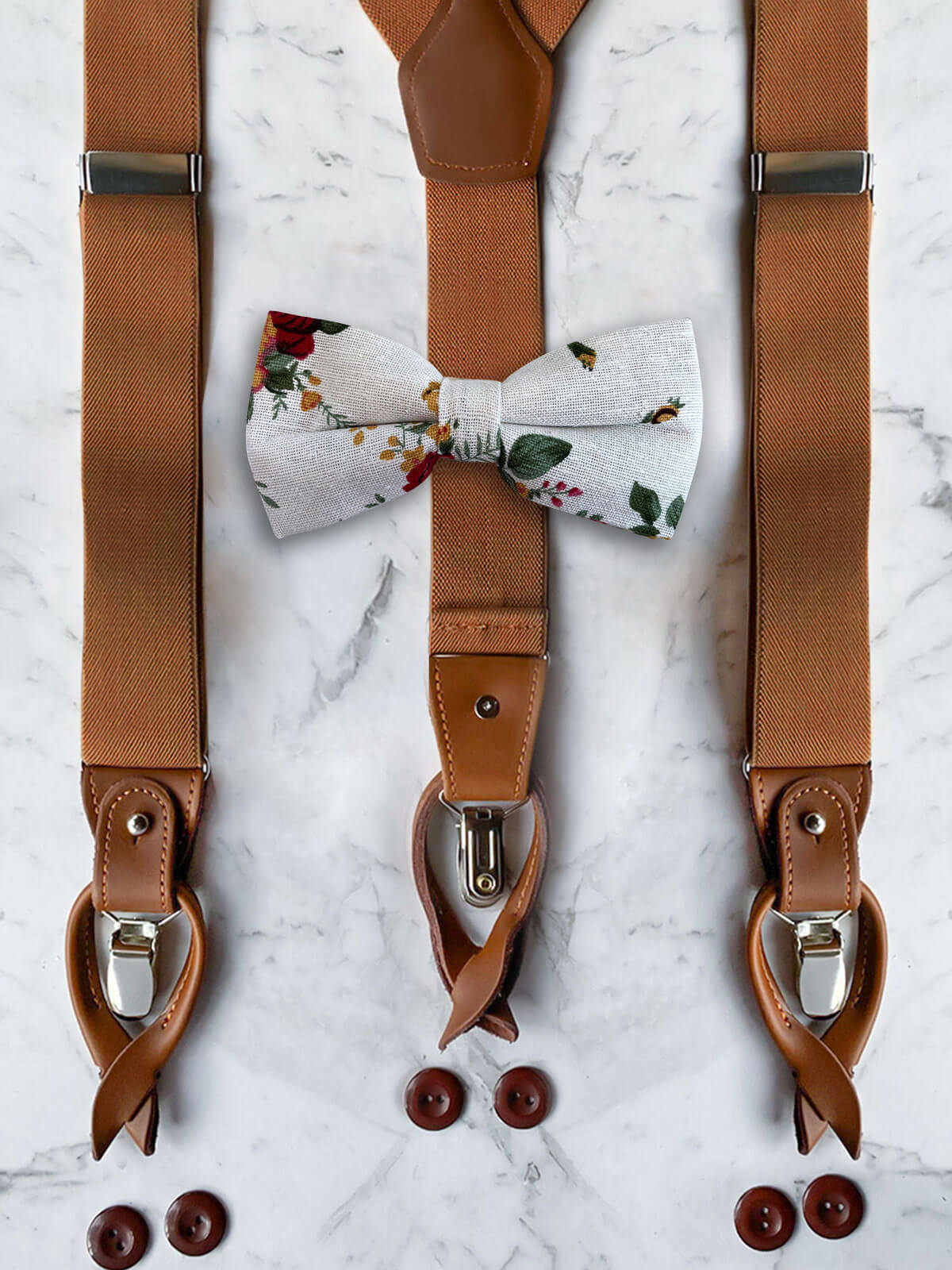 Tan Leather Trim Suspenders & Linen/Cotton Floral Bow Tie Set