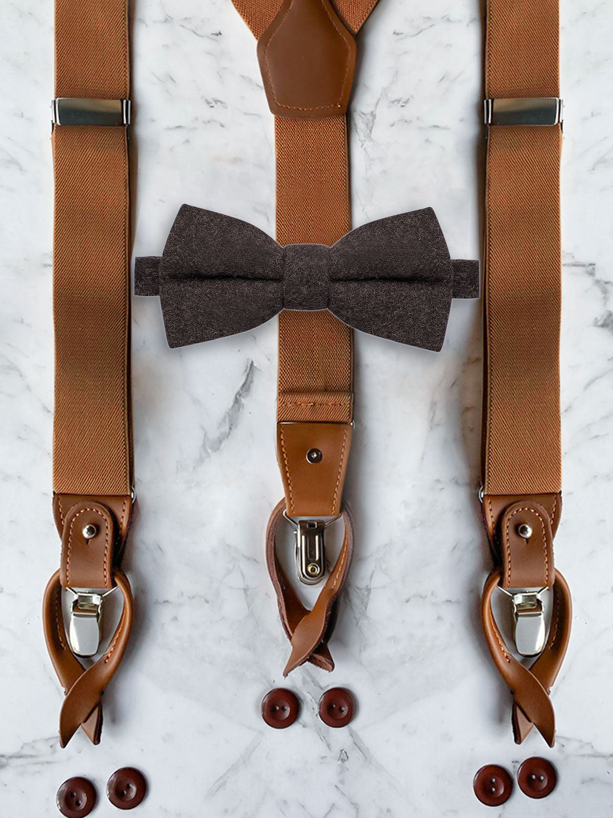 Tan Leather Trim Suspenders & Woollen Bow Tie Set