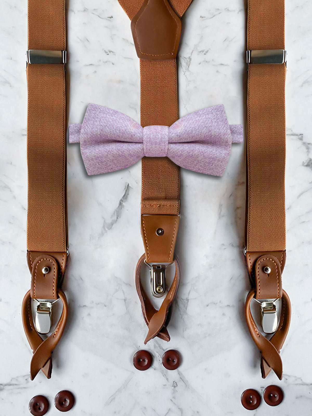 Tan Leather Trim Suspenders & Woollen Bow Tie Set