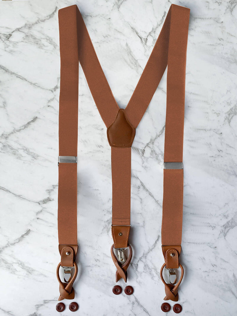 Tan Brown Leather Trim Clip/Button Convertible Suspenders