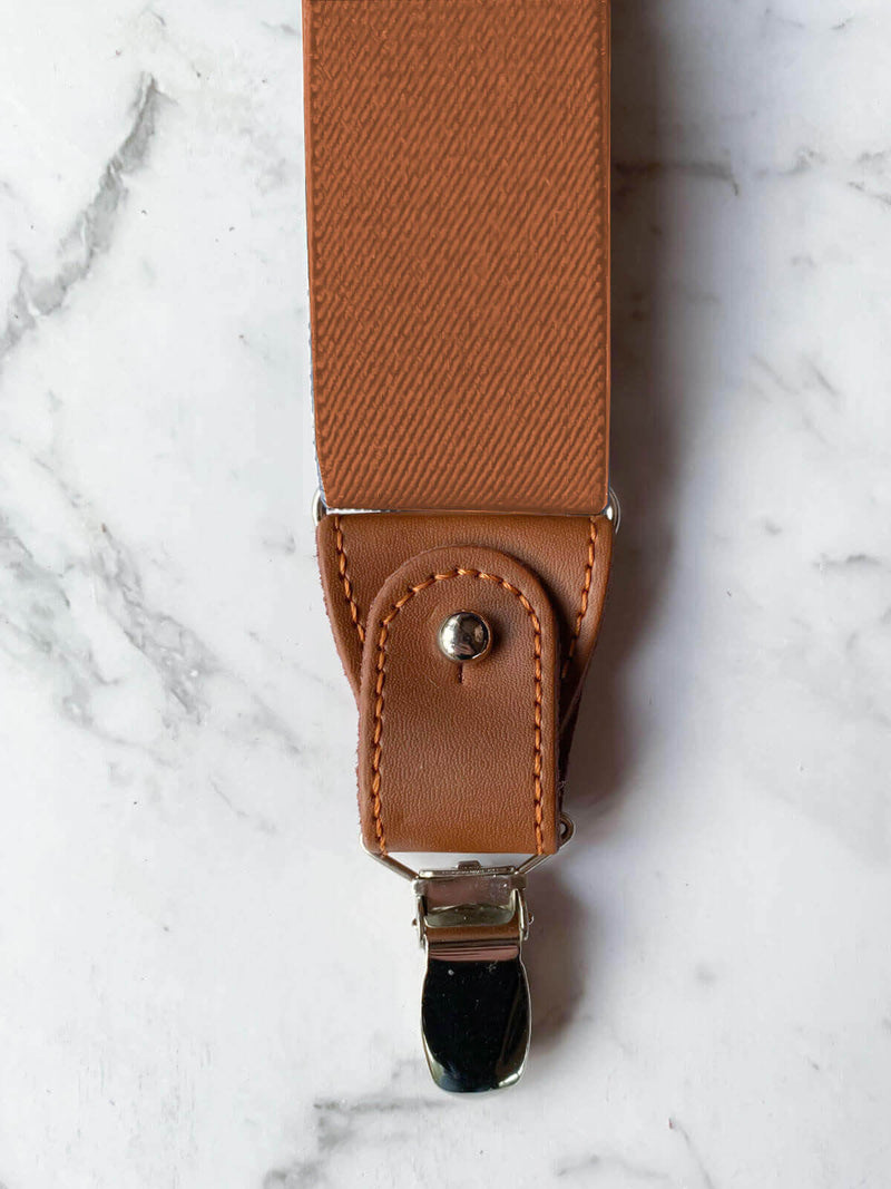 Tan Brown Leather Trim Clip/Button Convertible Suspenders