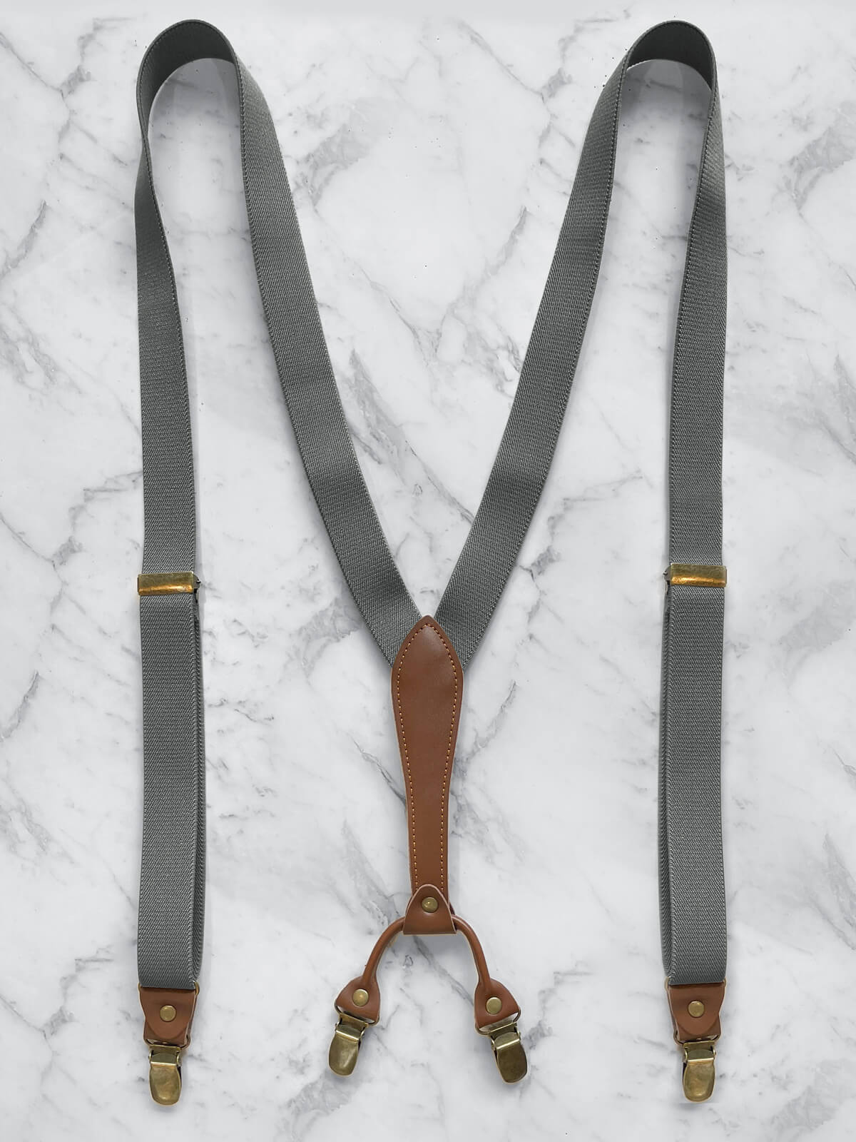 Grey Slimline Leather Trim Lightweight Suspenders
