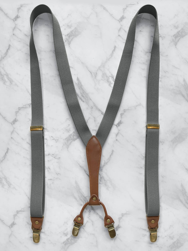 Gunmetal Grey Slimline Leather Trim Lightweight Suspenders