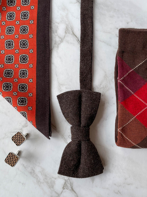 Vermillion & Dark Chocolate Wool Bow Tie Set