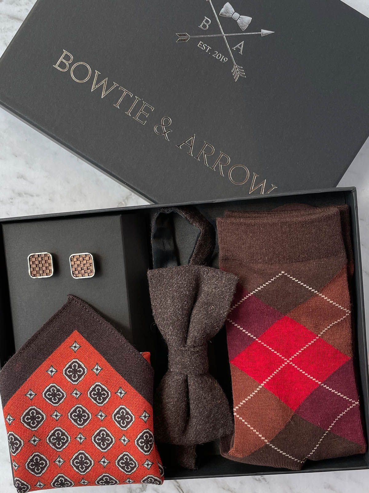 Vermillion & Dark Chocolate Wool Bow Tie Set