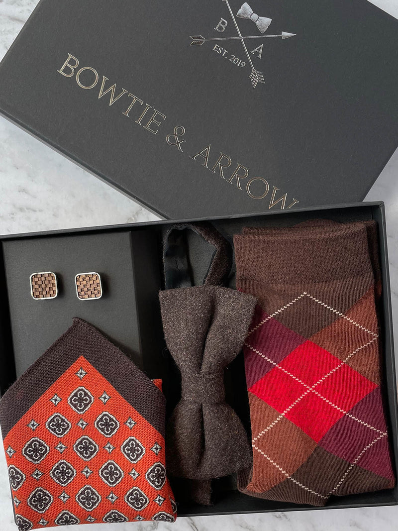 Vermillion & Dark Chocolate Wool Bow Tie Set