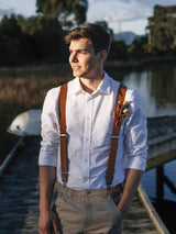 Tan Brown Leather Trim Clip/Button Convertible Suspenders