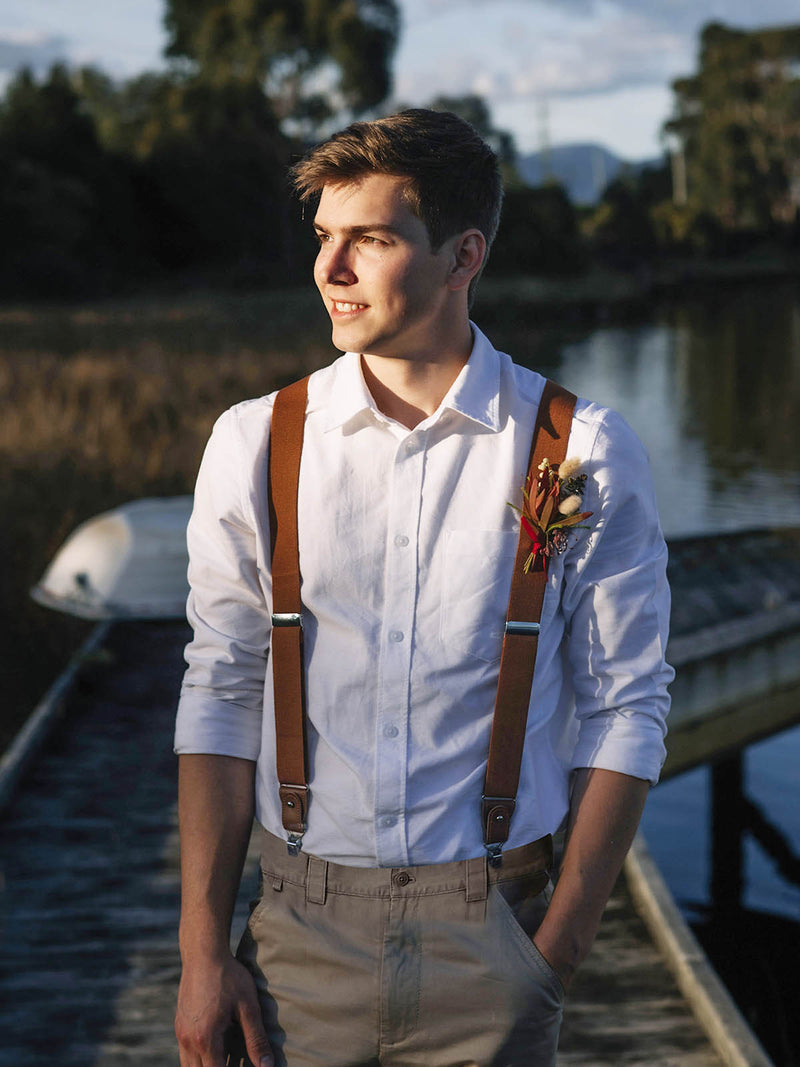Tan Brown Leather Trim Clip/Button Convertible Suspenders
