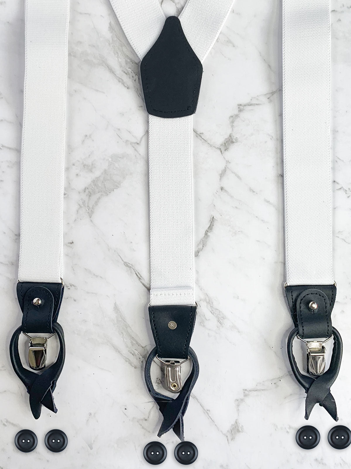 White with Black Leather Trim Clip & Button Convertible Suspenders