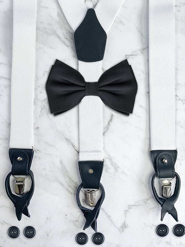 White Black Leather Trim Suspenders & Silk Bow Tie Set