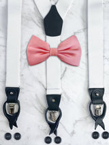 White Black Leather Trim Suspenders & Silk Bow Tie Set