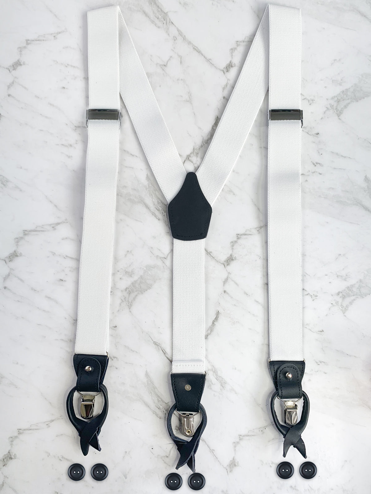 White Black Leather Trim Suspenders & Silk Bow Tie Set