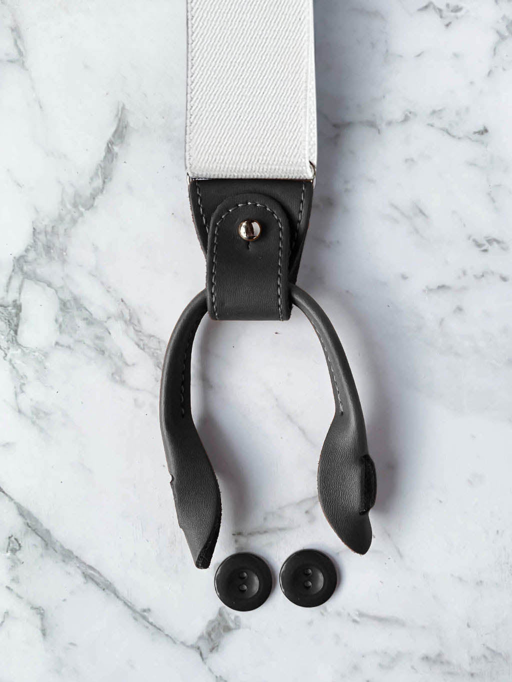White with Black Leather Trim Clip & Button Convertible Suspenders