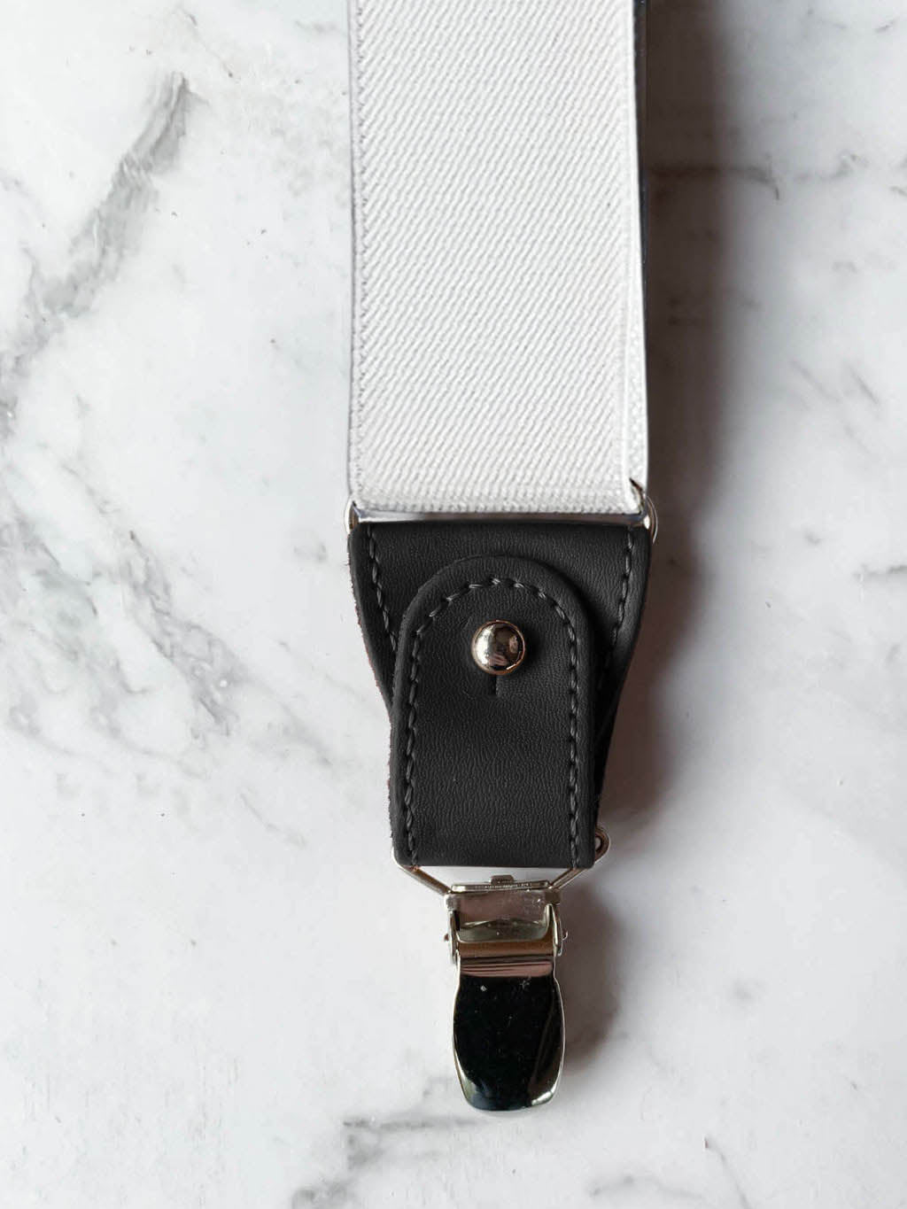 White with Black Leather Trim Clip & Button Convertible Suspenders