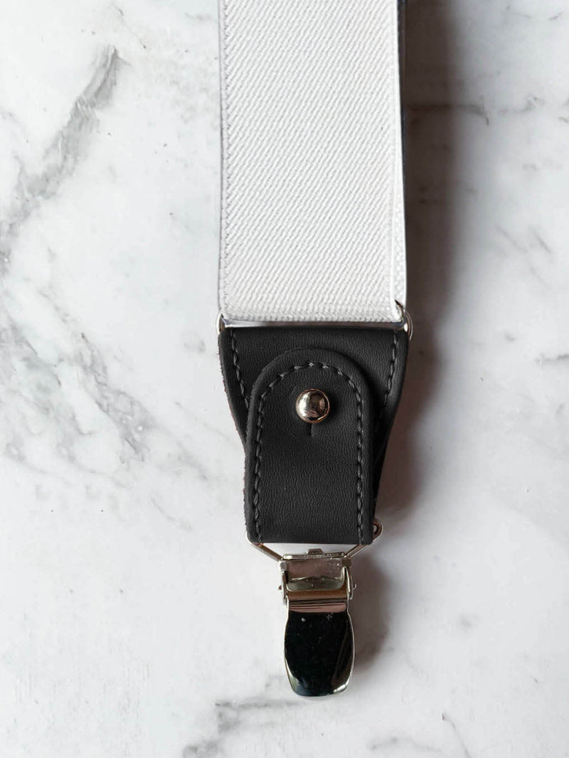 White with Black Leather Trim Clip/Button Convertible Suspenders