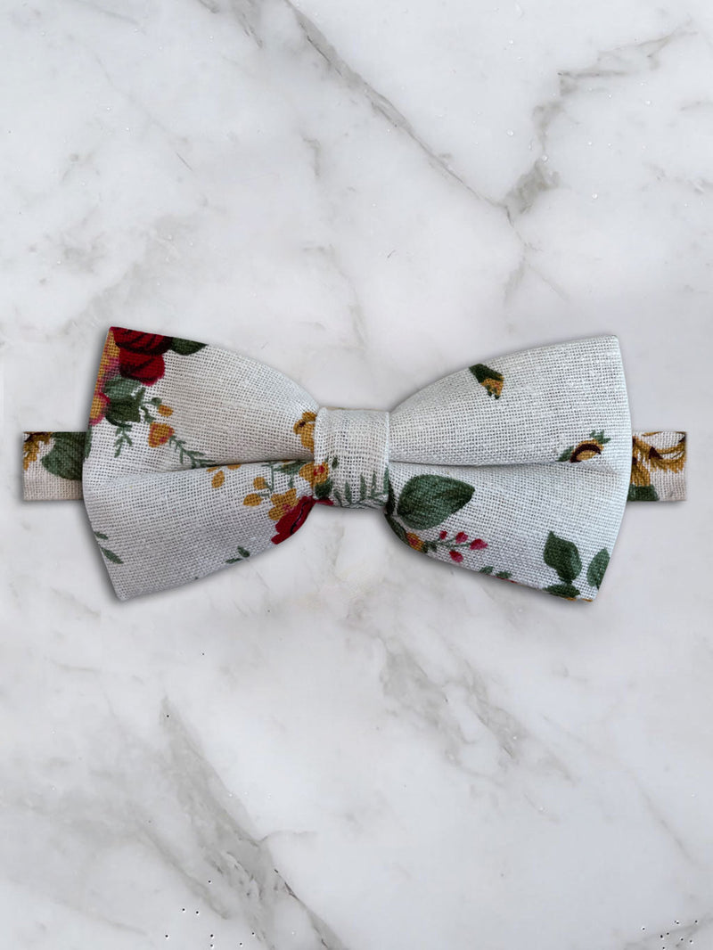 White Linen Floral Bow Tie