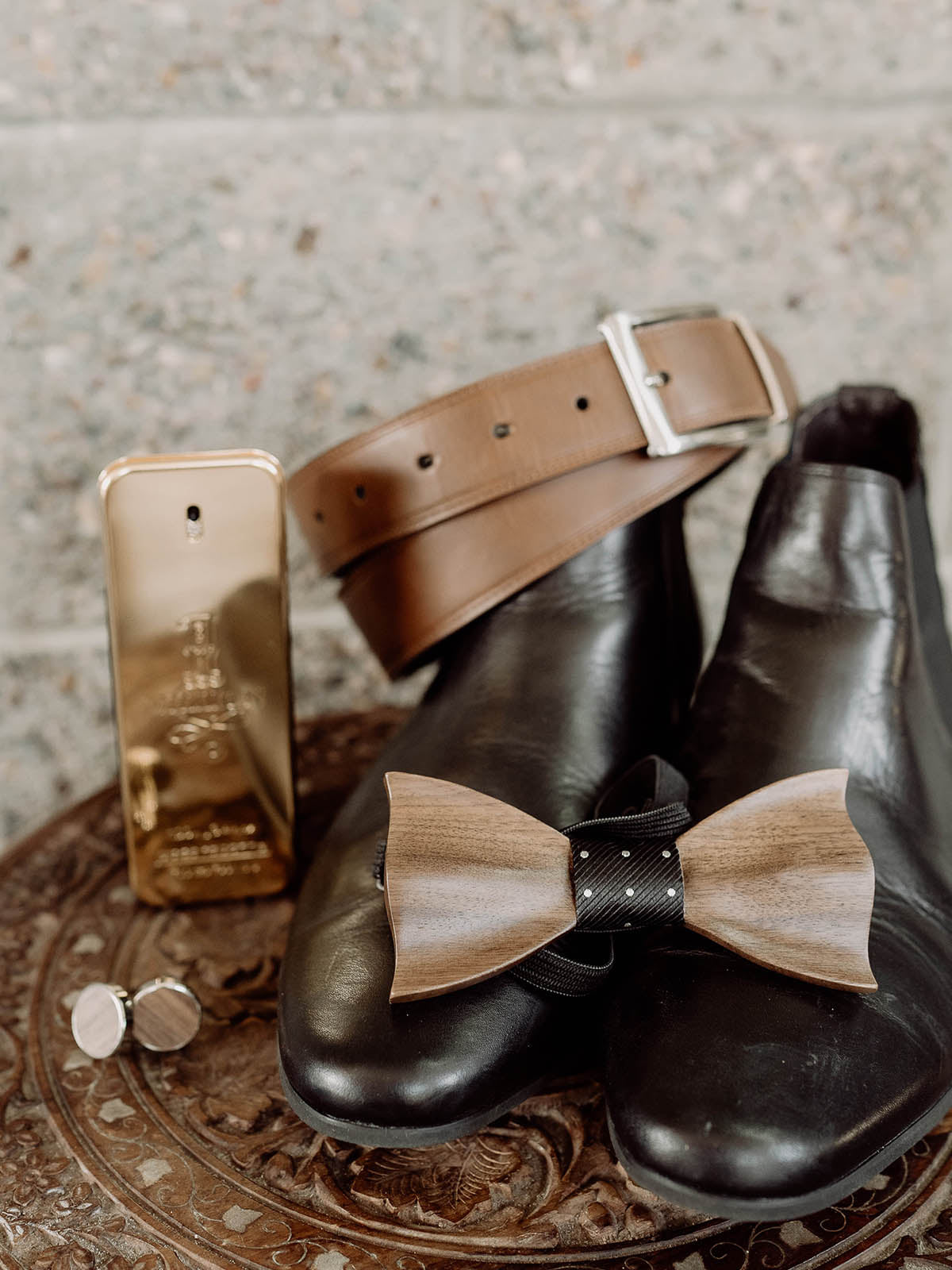 Cotton Walnut Wooden Bow Tie & Cufflinks Set