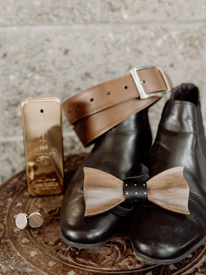 Black Leather Trim Suspenders, Wooden Bowtie & Cufflinks Set