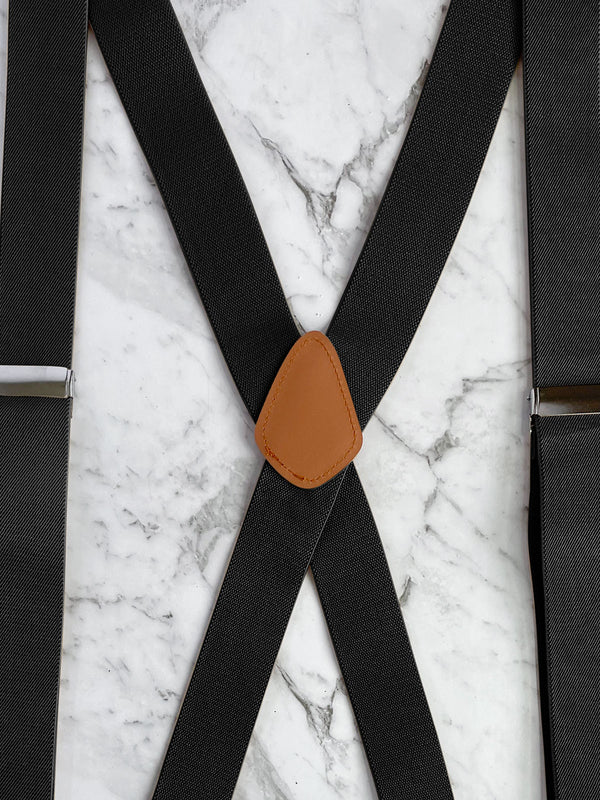 Black Leather Trim X-Back Button Suspenders
