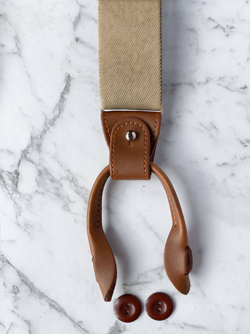 Oatmeal Leather Trim Suspenders, Wooden Bowtie & Cufflinks Set