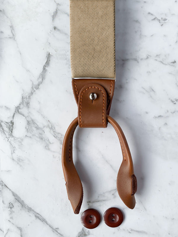 Oatmeal Leather Trim Clip/Button Convertible Suspenders