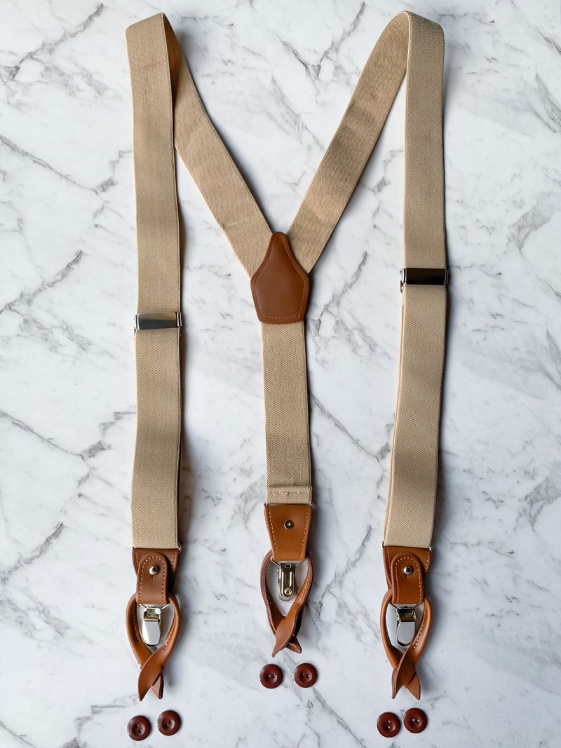 Oatmeal Leather Trim Clip/Button Convertible Suspenders