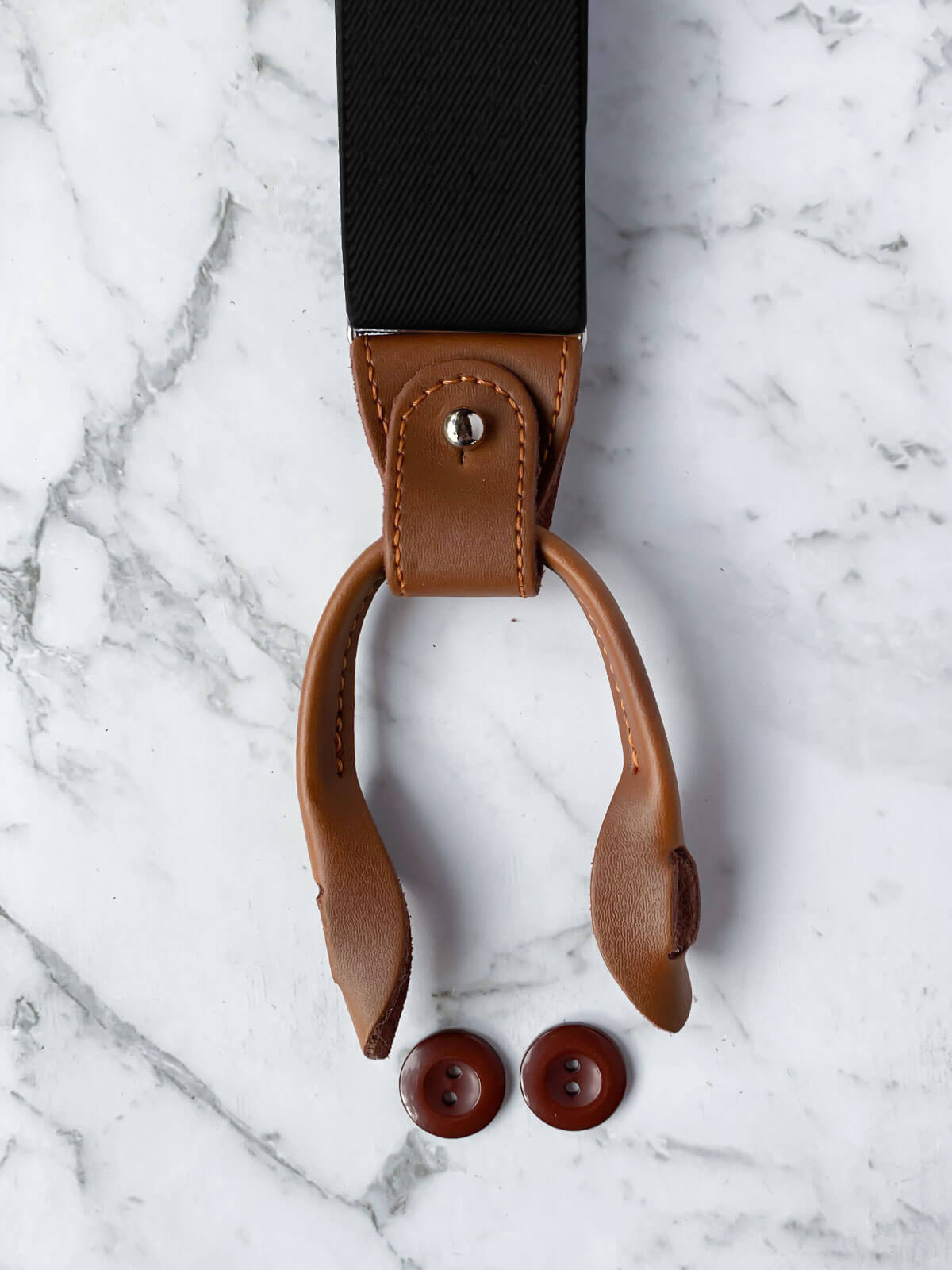Black Leather Trim Suspenders, Wooden Bowtie & Cufflinks Set