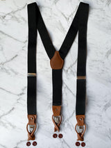 Genuine Leather Black Men's Suspenders | Adjustable & Convertible Suspenders Clip or Button Closure