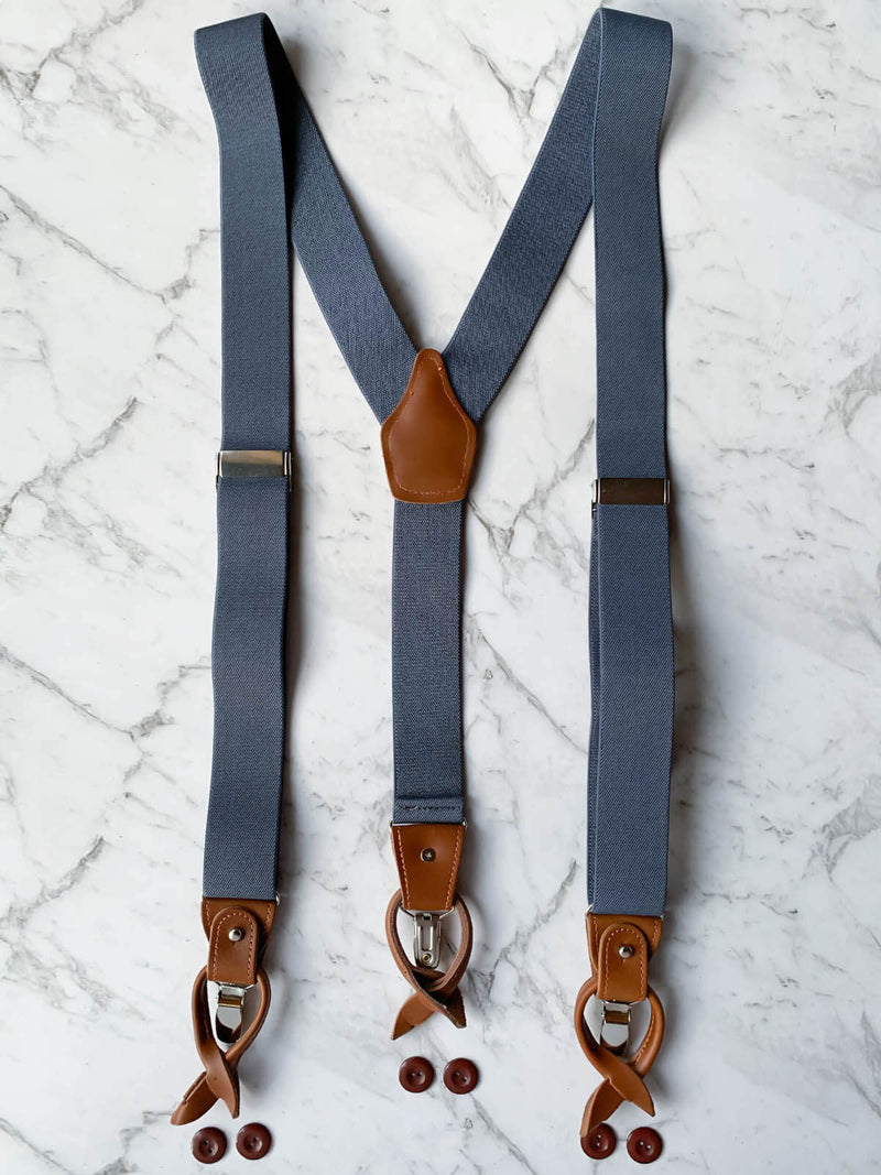 Blue Grey Leather Trim Suspenders, Wooden Bow Tie & Cufflinks Set