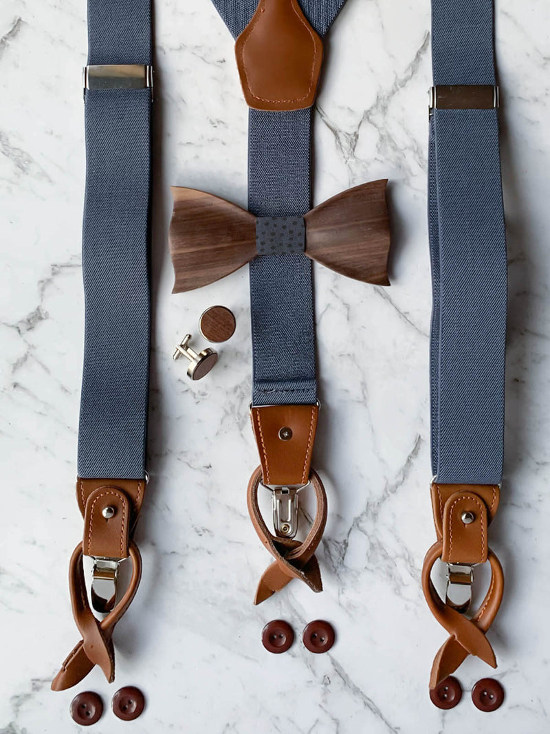Blue Grey Leather Trim Suspenders, Wooden Bow Tie & Cufflinks Set
