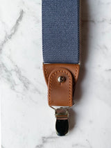Blue Grey Leather Trim Suspenders, Wooden Bow Tie & Cufflinks Set