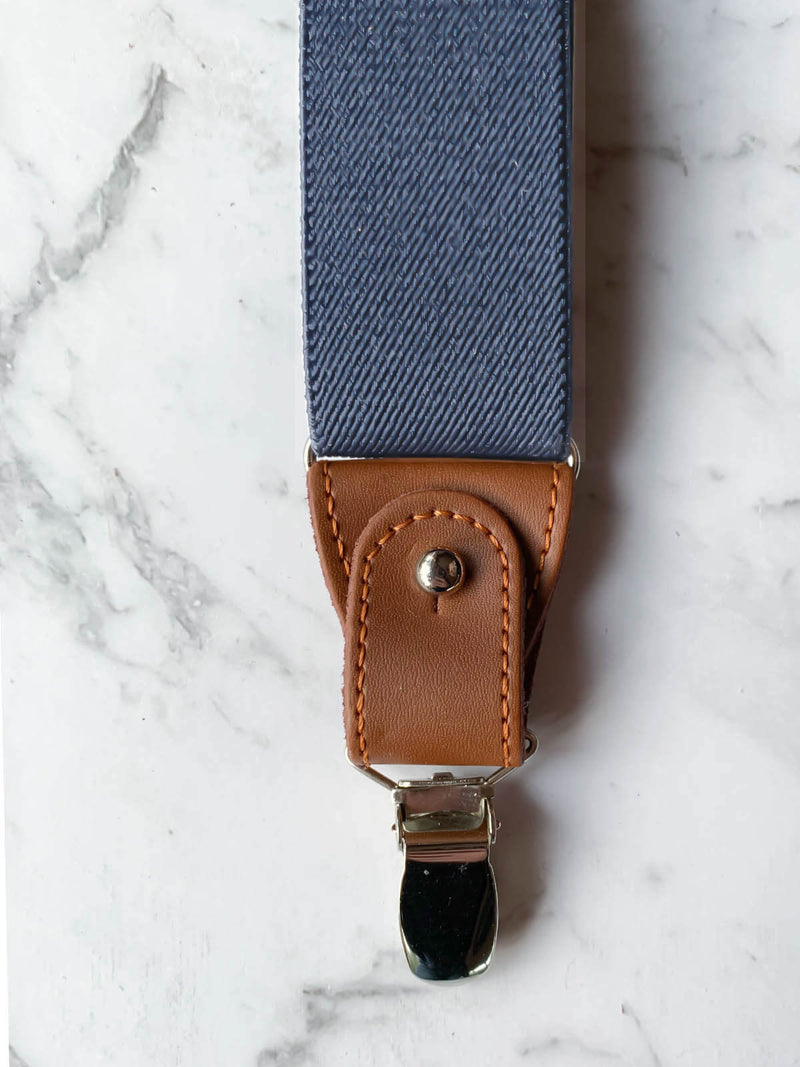 Blue Grey Leather Trim Suspenders, Wooden Bow Tie & Cufflinks Set