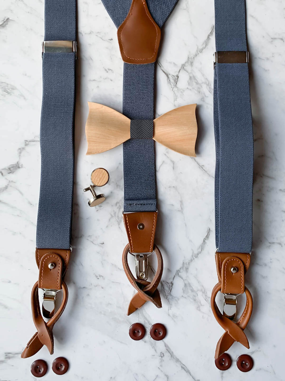 Blue Grey Leather Trim Suspenders, Wooden Bow Tie & Cufflinks Set